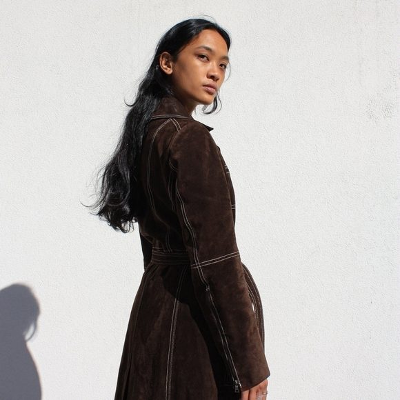 Vintage Y2K Guess Sueded Brown Leather Women's Trench Coat Size Small - Picture 7 of 8
